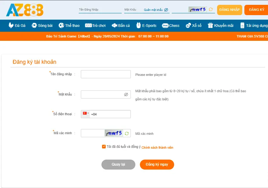 Giao diện đăng ký tài khoản AZ888