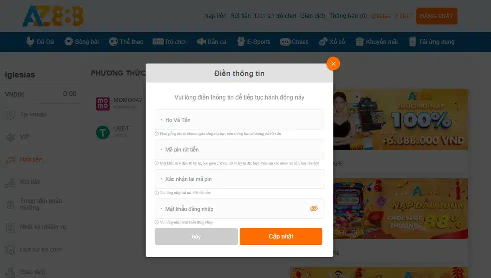 Đăng ký AZ888 nhập thông tin cá nhân để nạp rút tiền